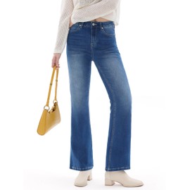 Prettyleaf Women's 28" Petite Stretch Flare Jeans High Waisted Curvy Bootcut Denim Pants, Blue, X-Large