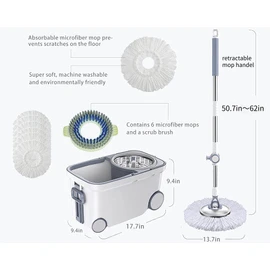 Michao Spin Mop Bucket Deluxe 360 Spinning Floor Cleaning System with 6 Microfiber Replacement Head Refills,62" Extended Handle,4X Wheel for Home Cleaning