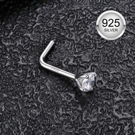 Sanfenly 925 Sterling Silver Nose Studs, 18G 20G L Shaped Nose Rings, Simulated Diamond CZ Hypoallergenic Nose Piercings for Women Men 1.5 2 3MM