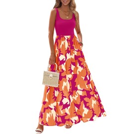 KIRUNDO Women Summer Sleeveless Boho Floral Maxi Dress 2025 Scoop Neck Tank A Line Flowy Beach Vacation Resort Wear Sundress(Rose Red Orange Floral, Medium)