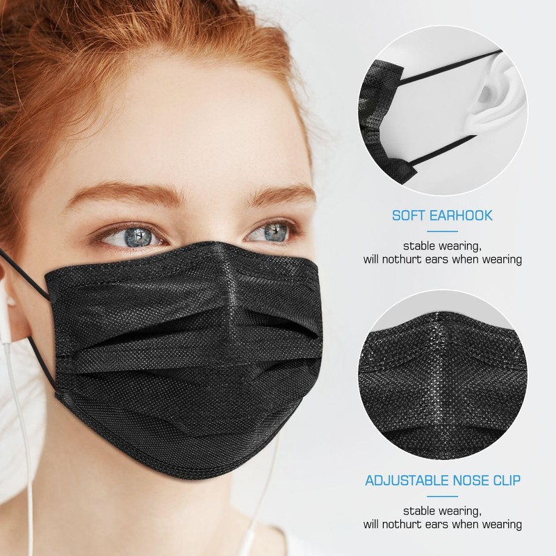 50 PCS Black Disposable Face Masks 3-Ply Filter Earloop Mouth