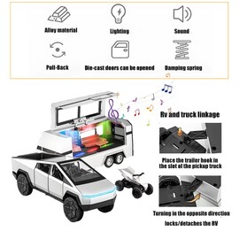 Cybertruck Toy Model with RV Motorcycle Cyberquad Alloy Die-cast Model Car Pickup 1/32 Toy Race Cars with Sound and Light Effect Ideal Gift for Kids Adult Age for 3 YearOld and Up (Silver)