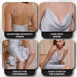 Hayati Toronto Satin Slip Dress Black Silver Floral Green Cowl Neck Open Back – Side Leg Slits Adjustable