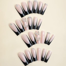 RUPOFUZA Extra Long Press on Nails Black French Tip Glitte Powder Fake Nails 24Pcs Square False Nails with Butterfly Nail Charms Designs Acrylic Nails Press ons Artificial Nails Stick on Nails for Wom