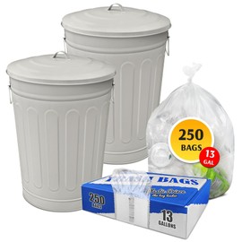 Plexon 2 Pack 13-Gallon Beige Galvanized Steel Round Trash Can with Lid plus (250 Pack) 13 Gallon Trash Bags, 1.3 Mil, Heavy Duty, Fits Round and Square Trash Cans, Clear - Bundle