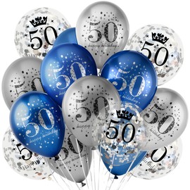 18Pcs Happy Birthday Balloons Decorations Navy Blue Silver 50th Birthday Balloons Decoration Happy 50th Birthday Confetti Latex Balloons Decorations for Men Women 50 Anniversary Birthday Party Décor