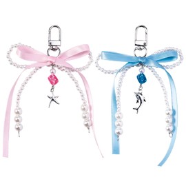 Onperpoe Pack of 2 Bow Key Chain Beads Cute Bag Pendant Women's Aesthetic Y2k Bags Pendant Key Chain Pink Tassel Bags Charms for Bags Mobile Phones Gift, multicoloured