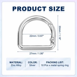 sourcing map D Shaped Spring Snap Keychain Clip, 27mm Metal Trigger Keychain Hook Clip Key Hook Buckle for Purses Wallet Belts Hardware Bags, Silver Pack of 10
