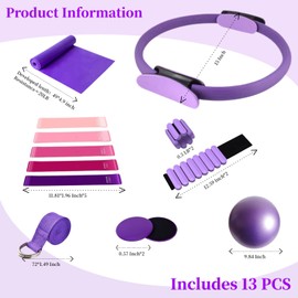 VNNYEOZ Pilates Ring Set Essentials Kit for Women with Magic Circle Ring and Ball,Core Sliders,Adjustable Ankle Wrist Weight,Exercise Resistant Bands,Accessories Equipment for Home Workout