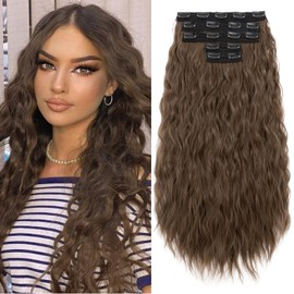 S-noilite 24" Clip in Hair Extensions 5PCS Loose Waves Wavy Hair Extensions Synthetic Thick Natural Hairpieces Double Weft Brown Hair Extensions Clip Ins for Women Full Head Long Hair Pieces,#10