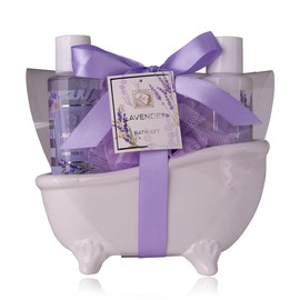 Accentra Women's Shower Set Lavender in Beautiful Ceramic Bathtub - 3-Piece Care Set with Shower Gel, Body Lotion & Mesh Sponge - Wellness Gift Set for Birthday, Valentine's Day