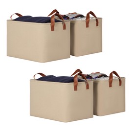 KEEGH Storage Baskets for Organizing, Fabric Storage Bins for Shelves with Leather Handle, Shelf Baskets for Closet Organization, 15" L x 11" W x 10" H, Brown, 4 Pack