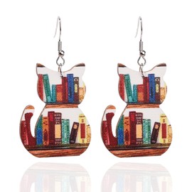 Book Wooden Earrings for Women Cat Book Earrings for Women Book Apple Pendant Earrings, Gifts for the Beginning of School Season (Wooden Cat Book Earring)