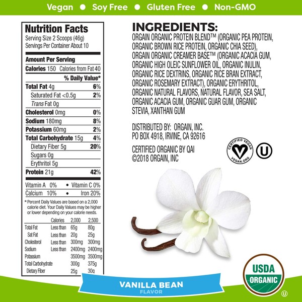 Orgain Organic Plant Based Protein Powder, Vanilla Bean - Vegan, Low Net Carbs, Non Dairy, Gluten Free, Lactose Free, No Sugar Added, Soy Free, Kosher, Non-GMO, 1.02 Pound (Packaging May Vary)