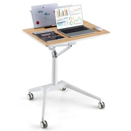 Tangkula Mobile Standing Desk, Height Adjustable Sit to Stand Desk with Detachable Holder, Slot, Rolling Laptop Presentation Cart, Pneumatic Lift Podium for School & Conference Room (Natural & White)