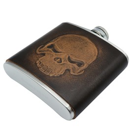 Hip Flask Skull Biker Flask 6 oz Stainless Steel Real Leather Embossed Handmade Antique Patina Motorcyclist Motorcycle Heavy Metal Pocket Flask Bottle Colour: Brown