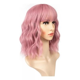 Themis Hair Pelucas Cortas Con Flequillo De Color Rosa Ondul