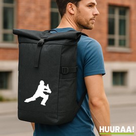 Huuraa Kurierrucksack Cricket Silhouette Geschenk 30-44 Liter Black Melange Roll-Top Fairtrade Cricket Geschenkidee