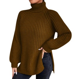 QUINTRA Loose Solid Color Sweater Medium Long Autumn/Winter Turtleneck Long Sleeved Knit Sweater Maternity Pullover Sweater (AA-Brown, L)