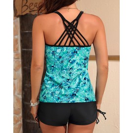 Yonique Women's Tankini Swimsuit - Two Piece Bathing Suits with Shorts Tummy Control Swimwear Blue Green Paisley L