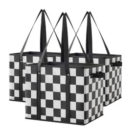 Ohocut Checkered Reusable Grocery Bags Heavy Duty 3 Pack Foldable Shopping Bags with Handles for Groceries Collapsible Tote (Black and White)