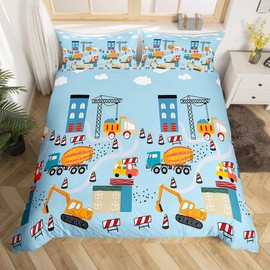 Children's Boys Bed Linen Cars 135 x 200 cm Digger Construction Bed Linen Teenager 100% Microfibre Blue Automotive Children's Bedding Set with Pillowcase 80 x 80 cm, Funny Baby Bed Linen Construction