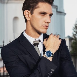 Taxau Mens Watches Luxury Dress Waterproof Watches for Men Black Leather Band Large Face Analog Quartz Blue Dial Men's Wrist Watches Day Date Classic Chronograph Reloj Hombre