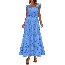 PRETTYGARDEN Women's 2025 Summer Dress Floral Print Smocked Tank Dress Ruffle Sleeves Tiered Long Dresses (Blue, Medium)