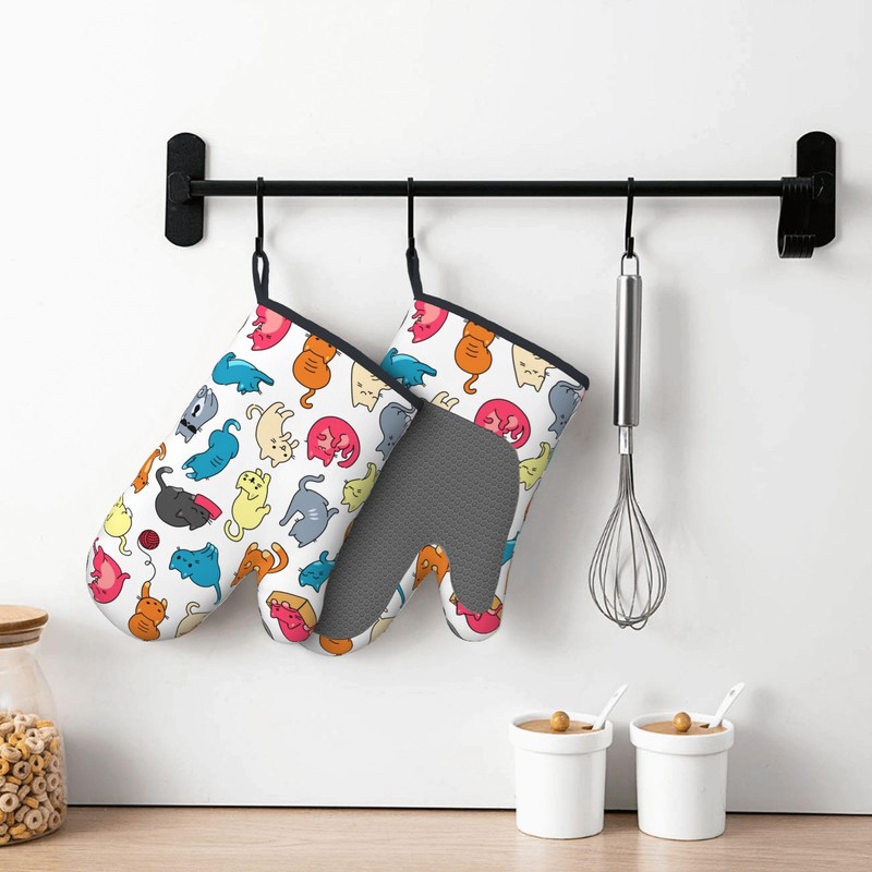 Cute Cat Oven Mitts 2pcs Set, Kitchen Grill Glove Heat