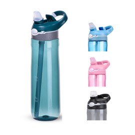 SHELFLOVER Dark Cyan Water Bottle With Narrow Straw, BPA FREE Clear Bottles With Handle One Hand Use Easy Carried, Flip Up, Suit School, Office, Gym, Office, 24oz (750ml)