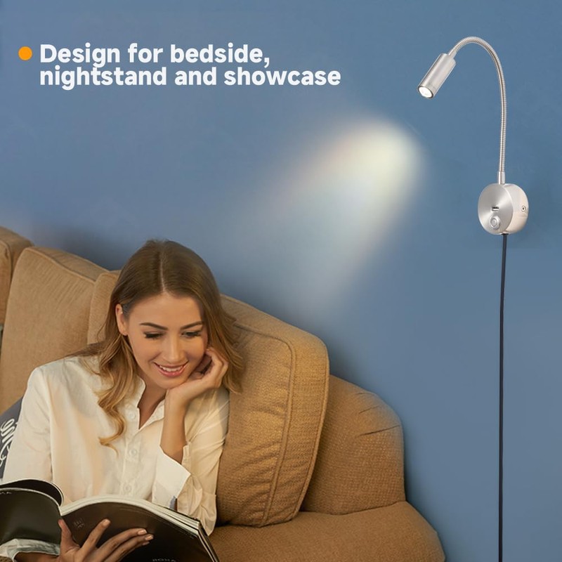 Dimmable Wall Mounted Reading Light with USB Charging Port, Plug-in