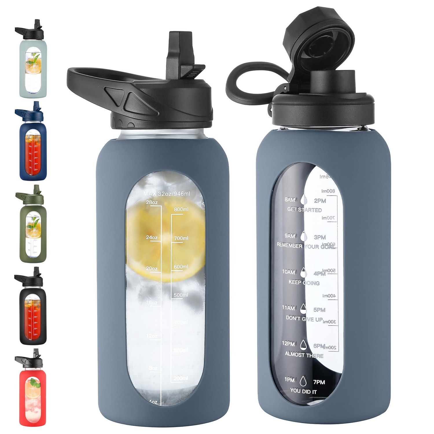 CIVAGO 32 oz Glass Water Bottle with Straw and Handle, Large Sports ...