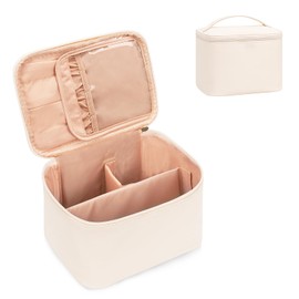 OCHEAL Makeup Bag, Make Up Bag for Cosmetics Vertical Storage,Toiletry Bag for Skincare Makeup Organizer Bag for Travel,With Makeup Brushes Compartments & Dividers -Beige