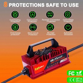 Lztsuply 48V 15Amp Golf Cart Battery Charger for EZGO RXV & TXT with Upgraded 3-Pin Triangular Plug &16Ft Cable, IP67 Waterproof Smart Trickle Charger Delta-Q Plug for 48 Volt Lead-Acid Batteries