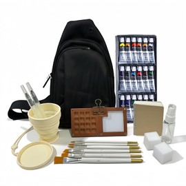 Mini Watercolor Paint Set - 15-Well Walnut Wood Palette, Assorted Paints, 100% Cotton Sketchbook, Crossbody Bag, Paint Water Cup, Water Brush & Paint Brush, Ideal for Artists & Beginners