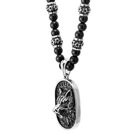 COOLSTEELANDBEYOND Norse Viking Embossed Wolf Head Pendant Necklace for Men, Black Onyx Beads, Steel Blackened Dog Tag(CA)