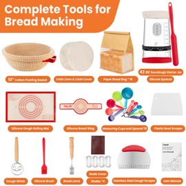 TomCare Sourdough Starter Kit 42 oz Large Glass Starter Jar 10 inch Round Bread Proofing Basket Silicone Baking Mat Tools 10pcs Bread Bags Complete Sourdough Bread Baking Supplies Gifts for Bakers