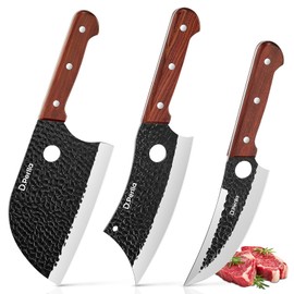 D.Perlla Butcher Knife set 3PCS Chef Knife Set for Meat Cutting, Serbian Chef Knives Set and Viking Knife with Wooden Handle, Forged Cleaver knive Set for Outdoor BBQ and Camping with Gift Box