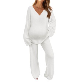 Tankaneo Womens 2 Piece Comfy Sets Fuzzy Fleece Maternity Pajamas Long Sleeve Tops Wide Leg Pants Loungewear White