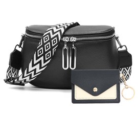 Kleine Moderne Umhängetasche Damen mit 3 Fächern, Bauchtasche Echt Leder Damen mit Elegante Breitem Gurt, Crossbody Bag Damen Klein, Münzbörsen für Damen Senden (Schwarz)