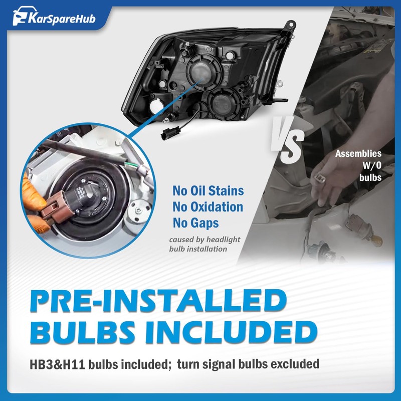 KarSpareHub Halogen W/B Headlights for 2009-2018 Dodge Ram 1500 2500