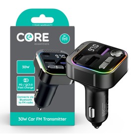 Core Essentials | 30W FM Car Transmitter | Type-C & A Charging Ports | Bluetooth Car Adapter | Widely Compatible | Dual Charging Capability