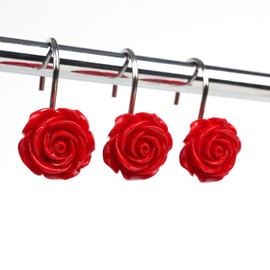 Twofish Home Red Rose Flower Shower Curtain Hooks Anti Rust Shower Curtain Hooks Decorative Resin Red Rose Flower Shower Curtain Rings Set of 12