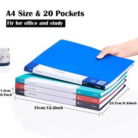 20 Pockets A4 Presentation Folders (Pack of 4), TRANBO Portfolio Project Book with Plastic Sleeves, Poly Display Folder for Certificate, Art Document Holder, Paperwork Organiser Notebook - Mix Color