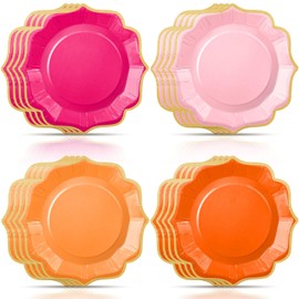 Potchen 48 Pcs Pink and Orange Dessert Plates 7 Inch Scalloped Disposable Party Paper Plate for Summer Wedding Birthday Baby Shower Party Supplies, 4 Colors