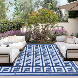 OutdoorLines Outdoor Plastic Area Rugs for Patio 9x12 ft - Reversible Outside Carpet, Stain & UV Resistant RV Mats, Straw Rug for Camping, Deck Garden, Porch and Balcony, Geometry Navy & Light Grey