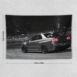 josnmre Jdm Car R34 Sport Silver Side Night Tapestry Wall Hanging for Bedroom Aesthetic Art Home Decor Dorm Classroom Living Room Tapestries 40"x60"