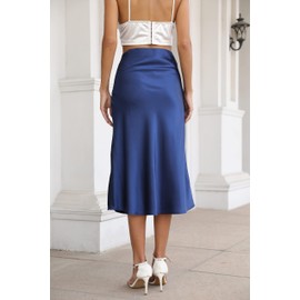 Alcea Rosea Women's Midi Skirts High Waist Split Elegant Satin Silky Work Skirt Party Pencil Oblique Skirt, navy blue, l