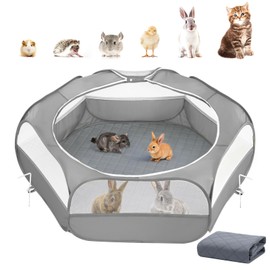2-in-1 Small Animals Playpen with Pad, Waterproof Small Pet Cage Tent with Reusable Pad, Portable Outdoor Yard Fence with 3 Metal Rod for Chick/Kitten/Puppy/Guinea Pig/Rabbits/Chinchillas, Gray