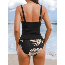 CUPSHE Women's Tankini Sets Two Piece Bathing Suits Tummy Control Square Neck Adjustable Straps Ruched Ribbed, L